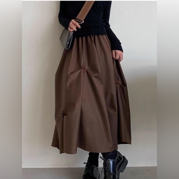 Chouyatou Brown Floral Rose Applique A-Line Pleated Swing Midi Skirt Large - Picture 6 of 8